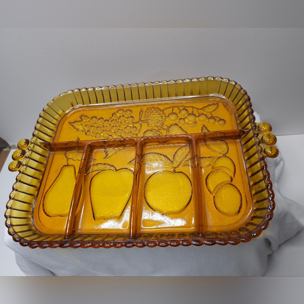 Indiana Glass Vintage Gold Amber Divided Dish/Tray - Fruit Theme